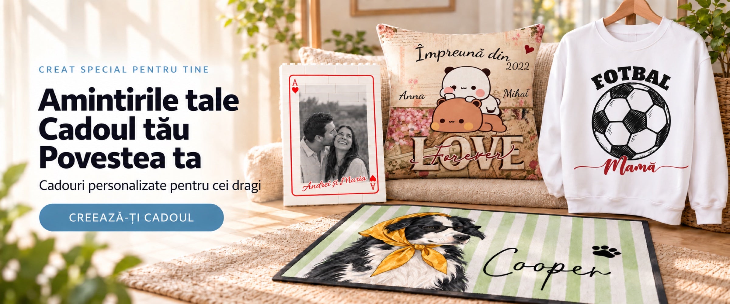 Amintirile tale. Cadoul tău. Povestea ta. Cadouri personalizate pentru cei dragi: cuburi cu fotografie, pernă pentru cupluri, covoraș cu fotografia animalului și bluză pentru mama fotbalistului. Creează-ți cadoul