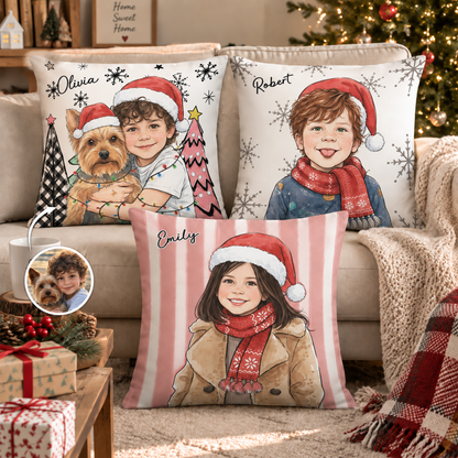 Pernă cu fotografia copilului — acuarelă de Crăciun — Olivia, Robert, Emily