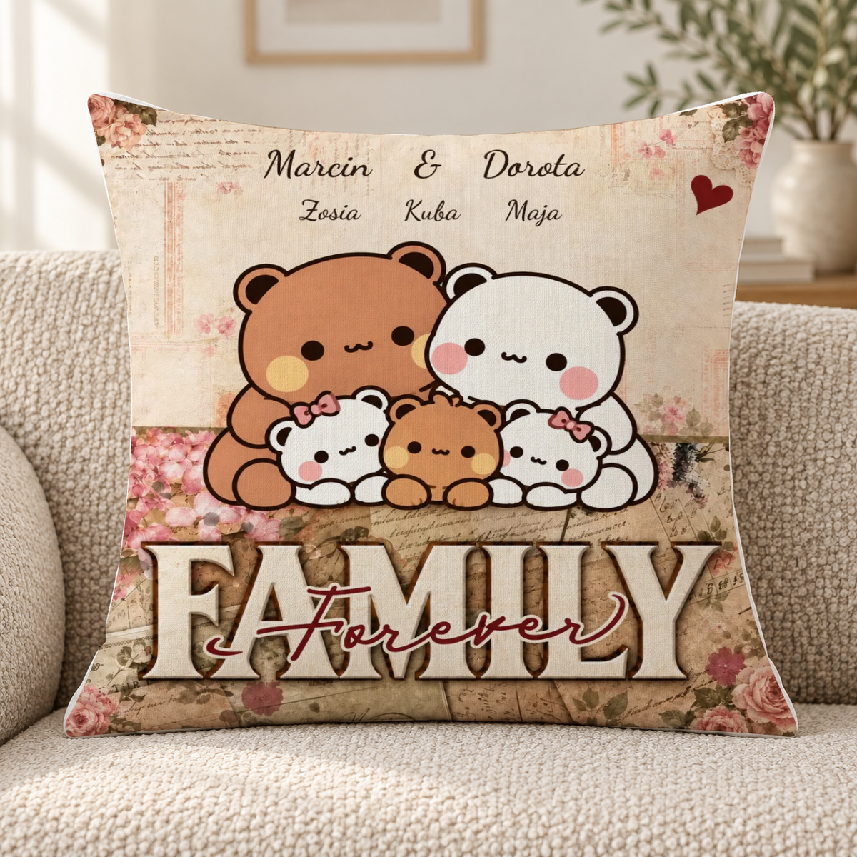 Poduszka personalizowana dla rodziny z misiami #374837 — mockup cmuea59vt002bmr0hfvkk4eng