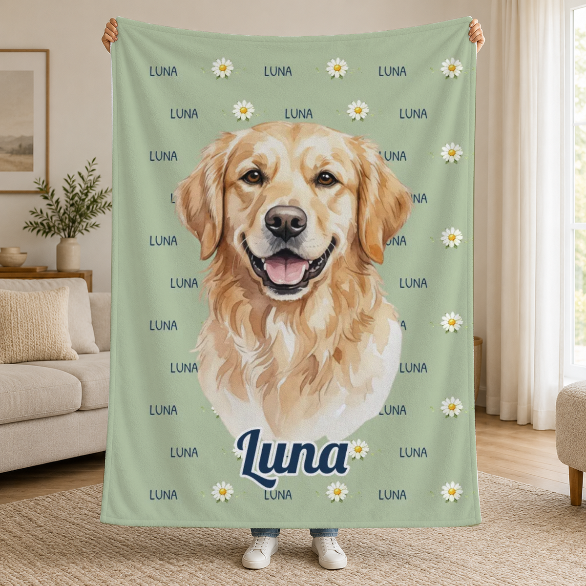 Pătură cu fotografia animalului de companie în stil acuarelă și cu numele acestuia – Luna [PC-MOCKUP:cmvl5rpja0019sax9zwzqvl32:90b89876247843d2a013ab10:90b89876247843d2a013ab1097f749eb4079bfa0dfb21eacfc77129bb05bd540]