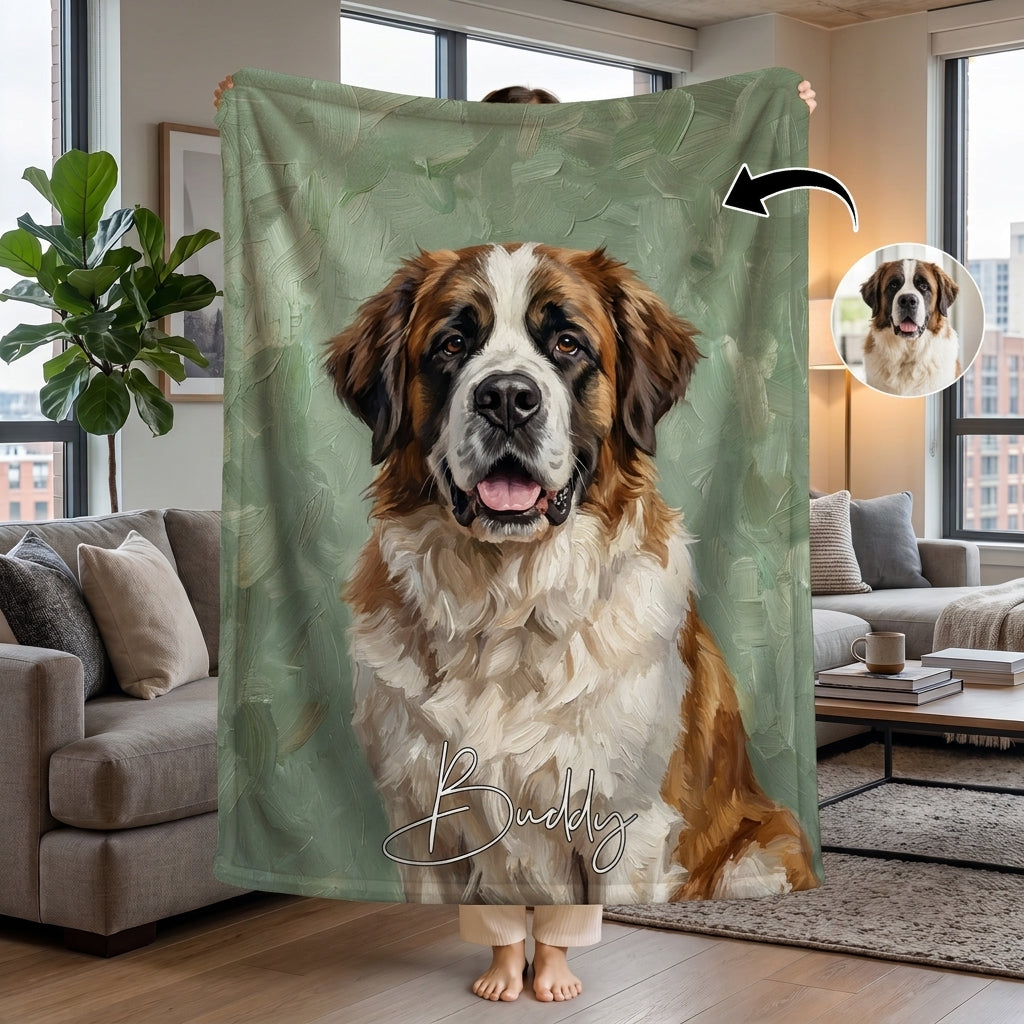 Pătură cu portretul animalului de companie în stil pictură în ulei și cu numele acestuia – Personalizată #98463 [PC-GALLERY:cmvl43dtj003vtb2rhx389by6:6638c581-90c6-42ee-84b0-df7b33d21f03:a8c7d8cc5362d6f22bf497d4b0efb4add7b29dc640b7ab63b61c5718baa95394]